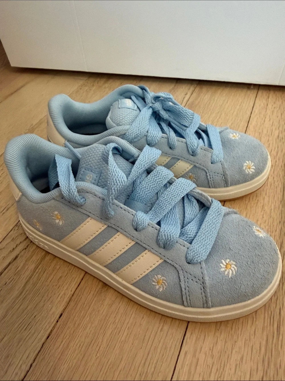 adidas Kids Light Blue Suede Sneakers with Daisy Embroidery